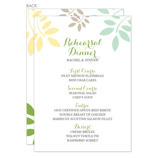 Green and Yellow Botanical Leaves Menu Cards